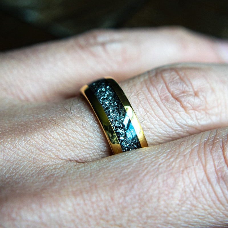 8mm Black Tungsten Wedding Band with Diamonds & Gold Groove